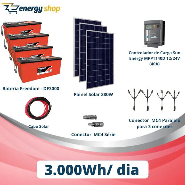 '- Kit Energia Solar OFF Grid até 3000 Wh / Dia