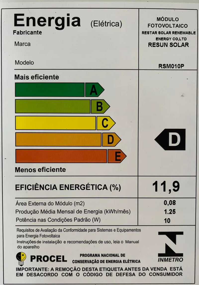 Painel Solar Fotovoltaico Resun 10W